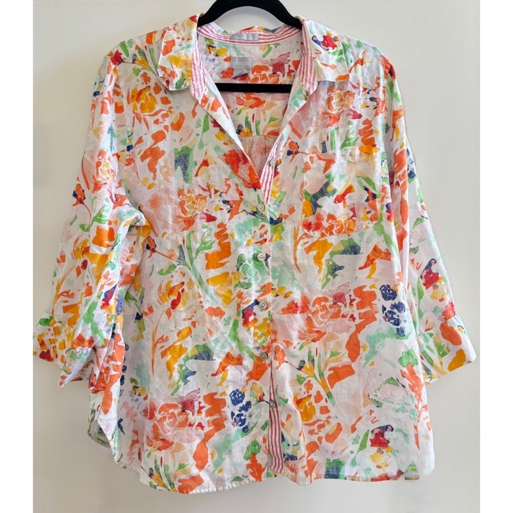 Chicos No Iron Floral Linen Shirt Size 3 Button 3/4 Sleeve Coastal Resort